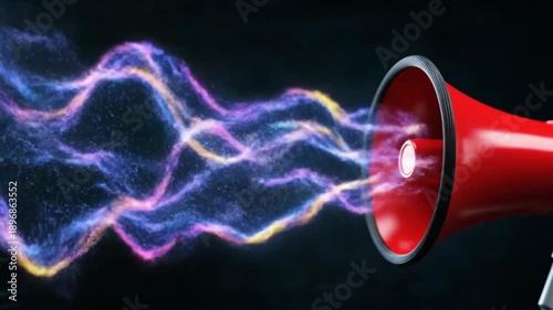 Red megaphone emits colorful sound waves. Black background