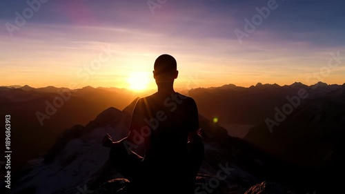 Silhouetted figure meditates on mountaintop at sunrise, serene landscape