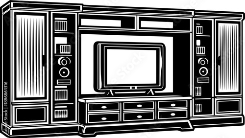Vintage entertainment center with television and stereo equipment in a classic living room setting from a front viewpoint