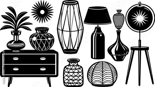 Black and white illustration of various home decor items including vases lamps and furniture arranged in a stylish composition