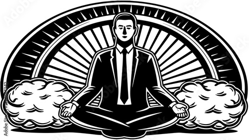 Professional businessman finding tranquility and focus through mindful meditation, achieving inner balance and mental clarity in a corporate environment, illustrated in black and white