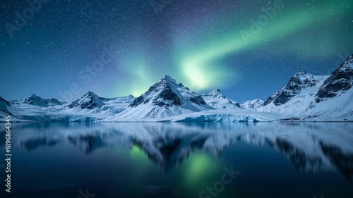 Snowy mountains reflect in still lake under starry sky with aurora borealis