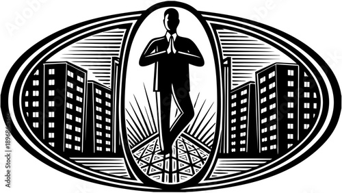 Man in Suit Meditating in Front of City Buildings with Sunburst Background