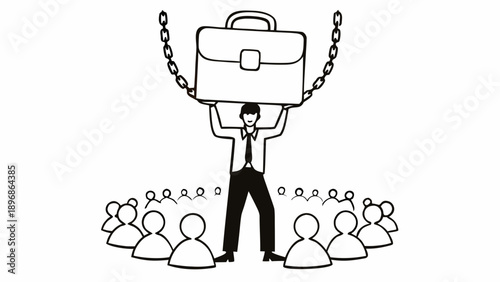A businessman holding a large briefcase above his head surrounded by people