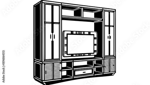 Line drawing of a television entertainment center with shelves and cabinets from a front viewpoint