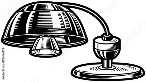 Illustration of a desk lamp with adjustable arm and metal shade on a plain background from a front viewpoint