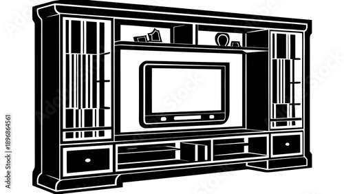 Modern entertainment center with television and storage units in a sleek, black-and-white home theater setup viewed from the front.
