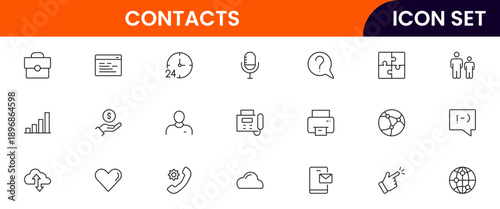 Contacts icons depicting address books, phone directories, profiles, communication, emails, phone calls, networking, connections, user information, social links, personal contacts, organization, manag