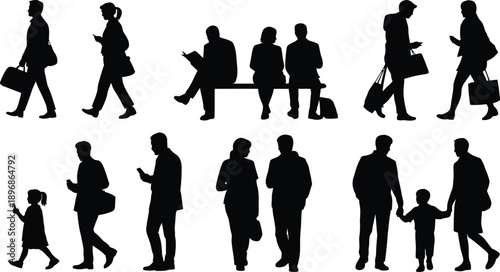 Diverse group of many people silhouettes walking waiting and standing together in various daily activities.