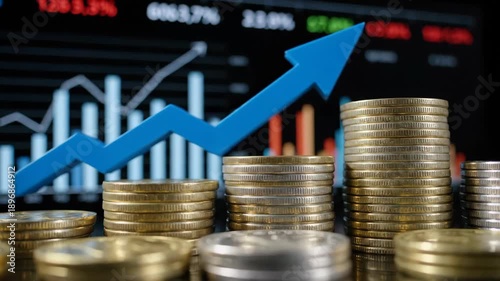 Stacks of coins, blue arrow, and charts suggesting financial growth