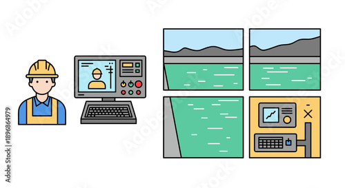 Illustration depicting a worker monitoring water levels and environmental conditions using specialized equipment and digital interfaces.