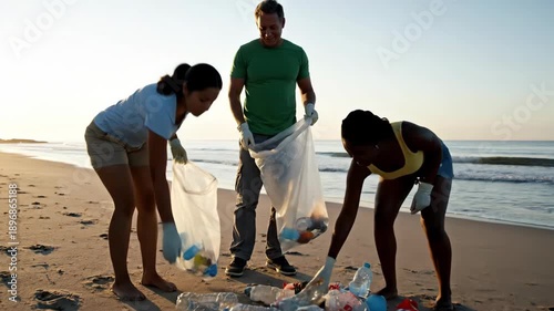 Three people cleaning a beach, collecting plastic waste in bags