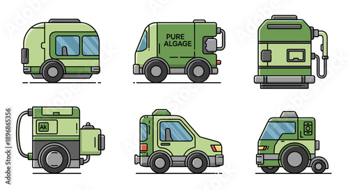 A collection of eco-friendly, green-themed vehicles and machinery, including a camper, truck, gas pump, and car, all illustrated in a clean, modern vector style.