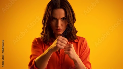 Woman in orange shirt with fists raised, focused gaze, yellow background