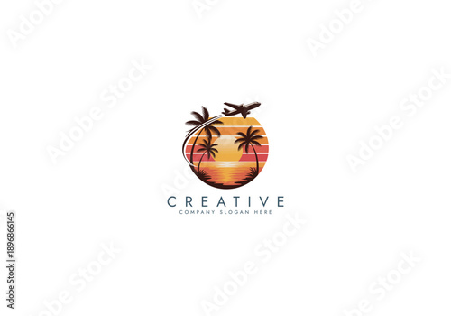 Beautiful colorful Holiday vacation beach stamp logo . luxury travel beach getaway holidays for honeymoon couple  tropical vacation vector design.
