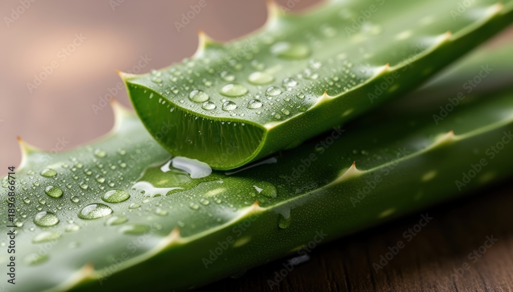 Obraz premium Aloe Vera: A close-up shot of aloe vera leaves, showcasing their lush green hue and glistening water droplets, epitomizing the plant's health benefits and natural beauty.