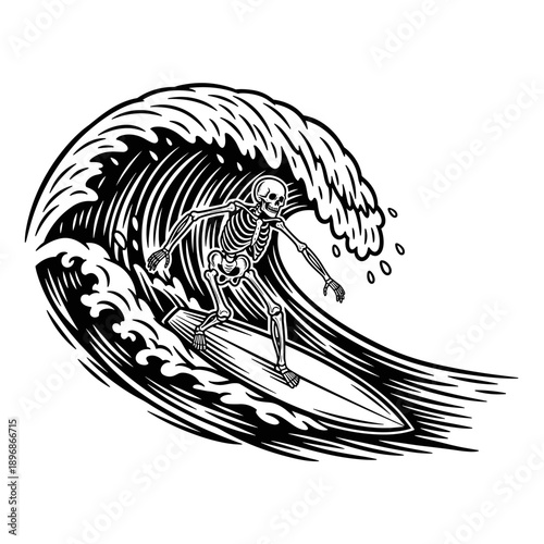 Skeleton Surfing a Large Ocean Wave in Black and White.