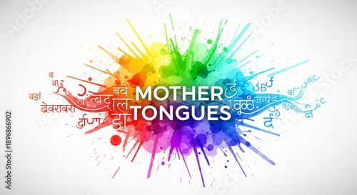 Vibrant rainbow paint splatter with foreign language text and mother tongues phrase on white background