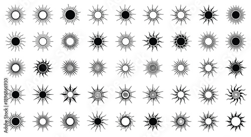 Mega collection of sun icons, black sunburst vector silhouettes, hand drawn starburst symbols, solar ray graphics, summer light logo elements,