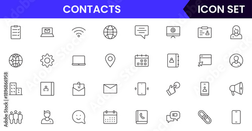 Contacts icons depicting address books, phone directories, profiles, communication, emails, phone calls, networking, connections, user information, social links, personal contacts, organization, manag