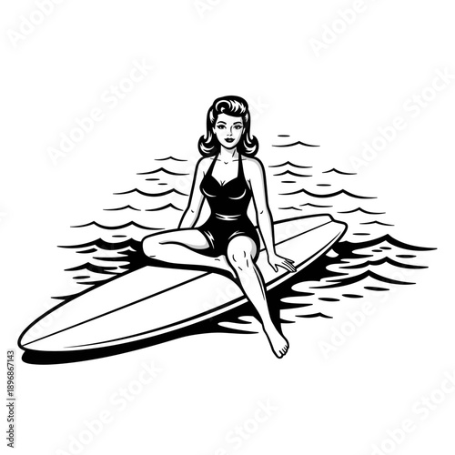 Vintage Pin Up Girl Sitting on Surfboard in Water.