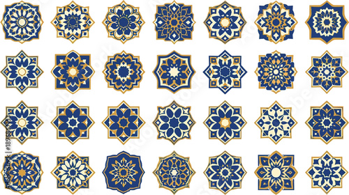 A seamless geometric pattern set with Arabic styled repeating decorative shapes in a clean vector style suitable for mosque decor art and fabric design