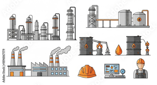 Industrial factory and refinery equipment illustration set.