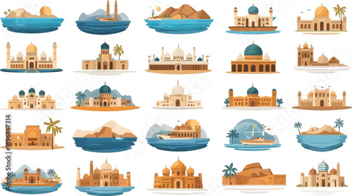 Vector illustration set of a cute Arabic town elements such as Arabic styled buildings, rivers, deserts, mountains and camel in a seamless decorative style