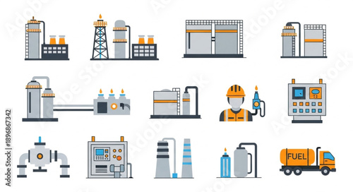 Industrial factory and refinery icons with worker and truck.