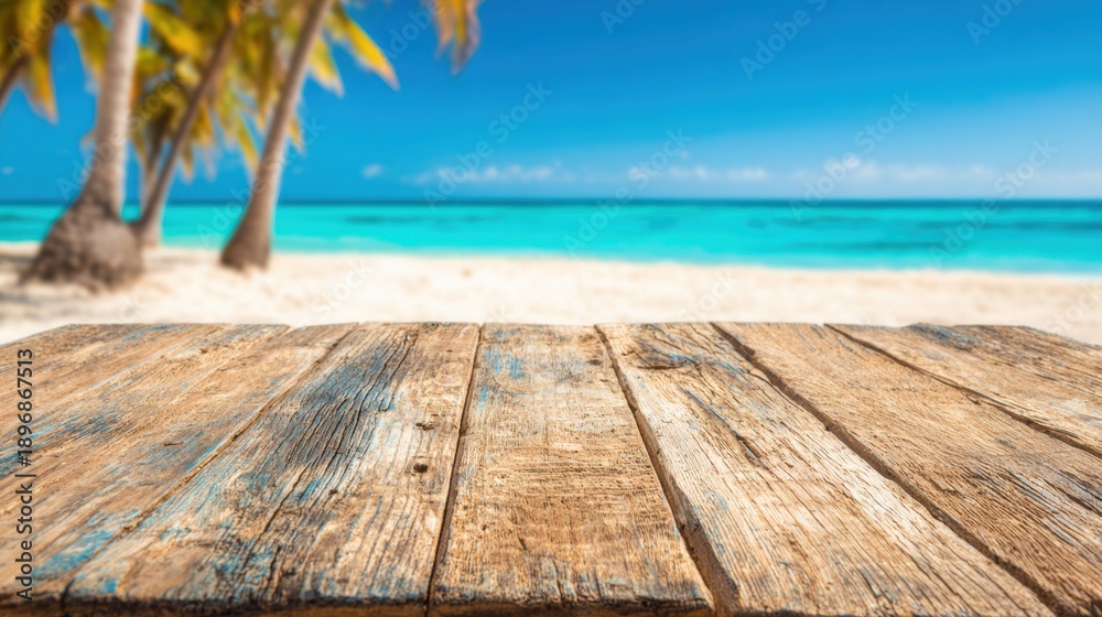 Fototapeta premium Wooden table at a beach with palm trees and clear water during sunny weather