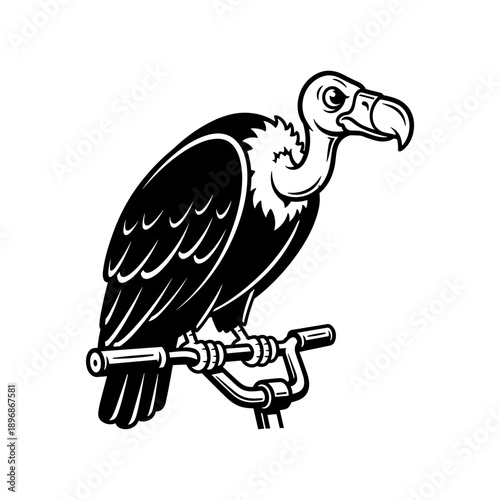 Stylized Vulture Perched on Bicycle Handlebars.