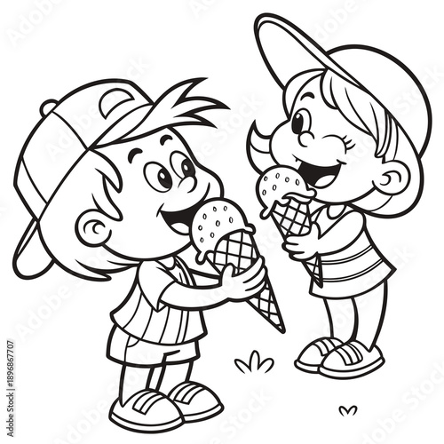 Summer Coloring Page—Kids Eating Ice Cream Summer Treat Coloring Page