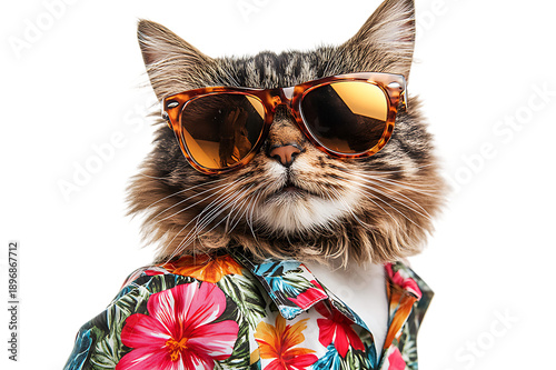 A cat wearing sunglasses and a hawaiian shirt isolated on transparent background