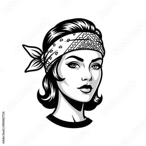 Vintage Woman Portrait with Bandana Headwear Style.