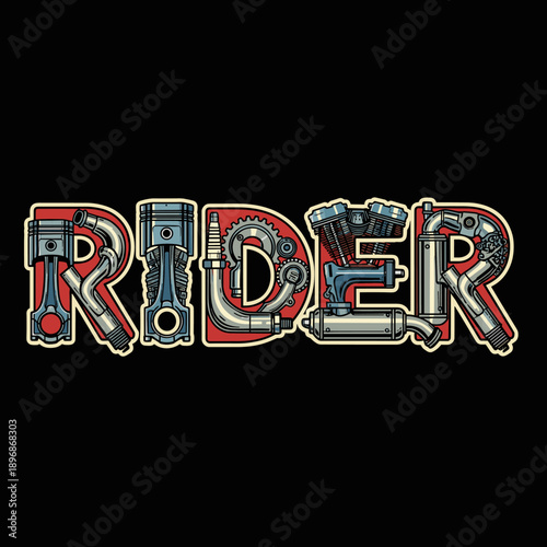 Rider text formed by motorcycle engine parts on a black background.