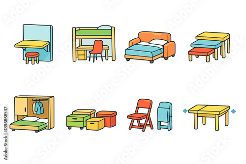 Collection of cartoon furniture for small spaces and dorm rooms