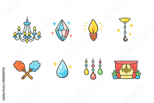 Collection of decorative icons featuring chandeliers, crystals, and lighting elements