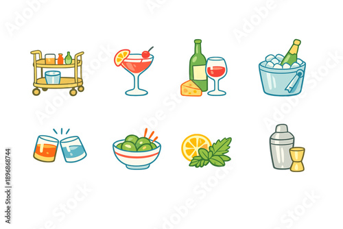 Collection of stylized icons representing drinks and bar accessories for parties