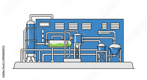 Industrial water treatment plant illustration showcasing purification processes with various tanks, pipes, and machinery for clean water production.