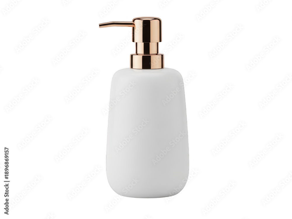 Obraz premium Elegant white soap dispenser with rose gold pump on white background