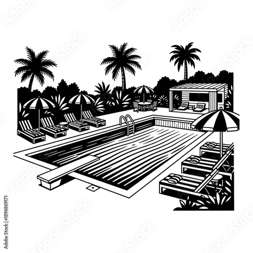 Swimming Pool with Lounge Chairs and Umbrellas.