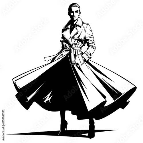 Stylish woman in flowing trench coat, fashion illustration.
