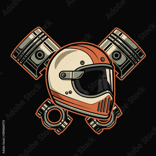 Vintage Motorcycle Helmet and Crossed Pistons Illustration.