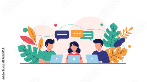 Team of diverse young professionals works together on laptops while chat bubbles above their heads signify active communication and collaboration.