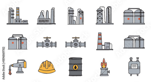 Industrial factory icons and equipment set for manufacturing and energy production.