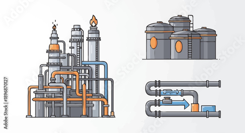 Industrial factory complex with storage tanks and pipelines illustration.