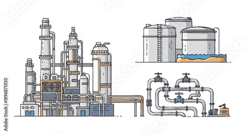 Industrial factory complex with storage tanks and pipelines illustration.