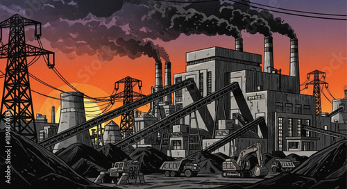 Industrial Factory Emitting Smoke Against Dramatic Sunset Sky.