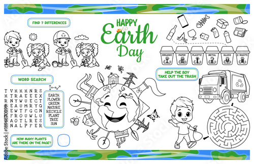 Festive placemat for children. Printable activity sheet "Happy Earth Day" with a labyrinth, coloring page, find the difference. 17x11 inch printable vector file