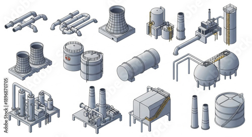 Industrial factory equipment and machinery isometric illustration.